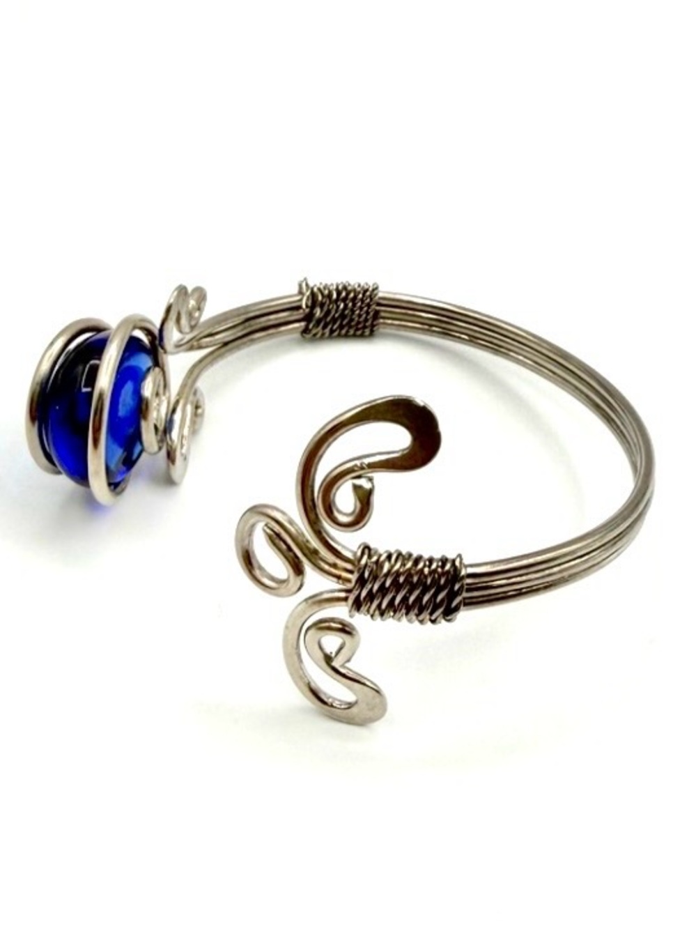 Artisan Silver Tone Wire Cuff Bracelet w/ Cobalt Blue Glass